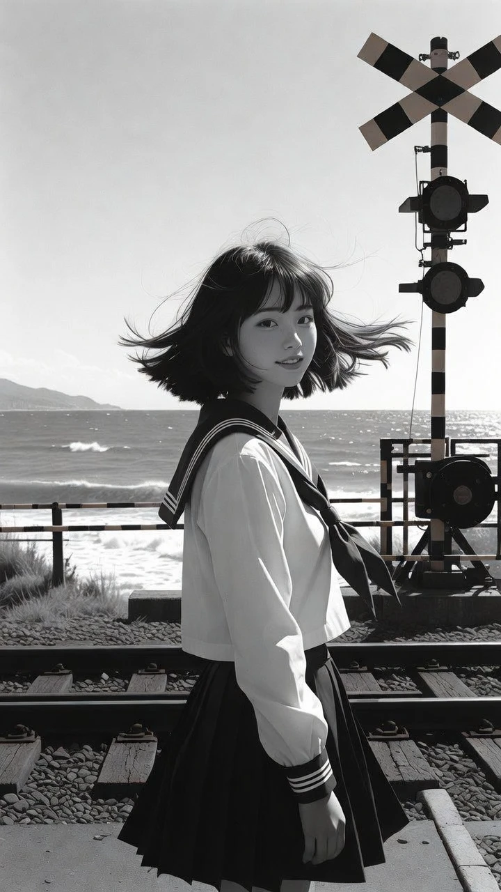 Japanese school girl at seaside railway crossing in wind