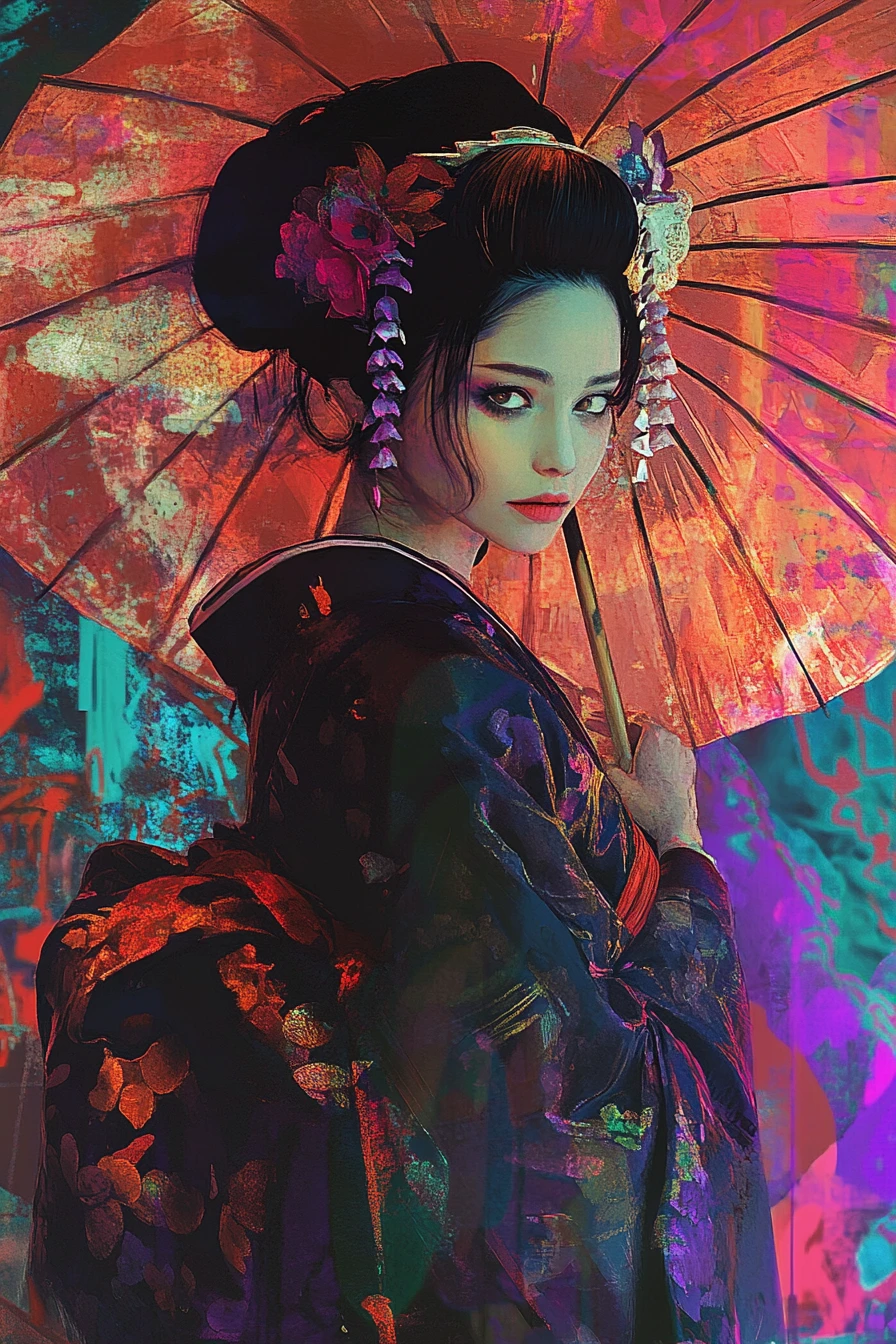 Súpermodelo geisha de inspiración barroca en estilo abstracto neón