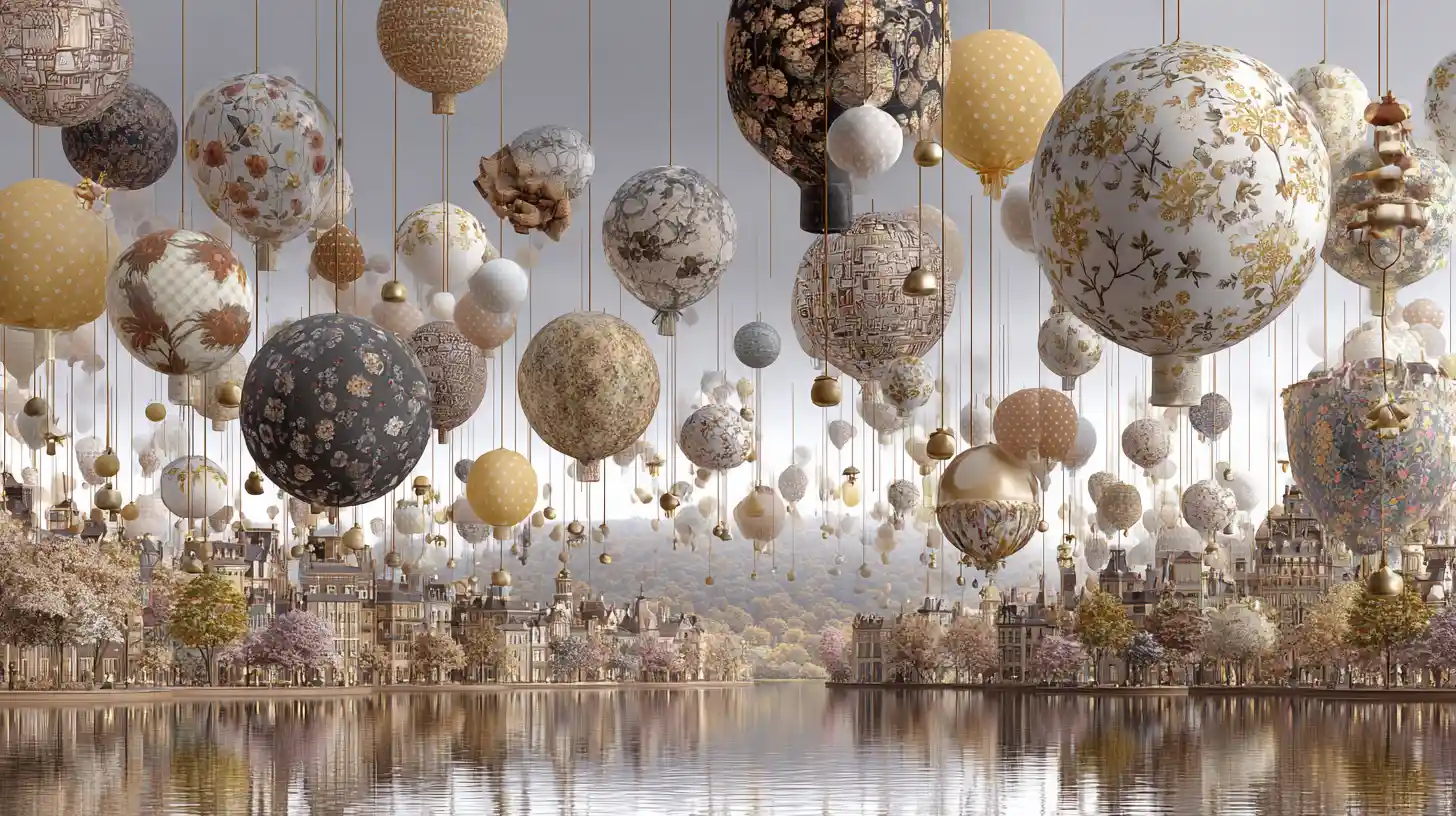 Palloni di stoffa fluttuanti sopra una città tranquilla e riflessa