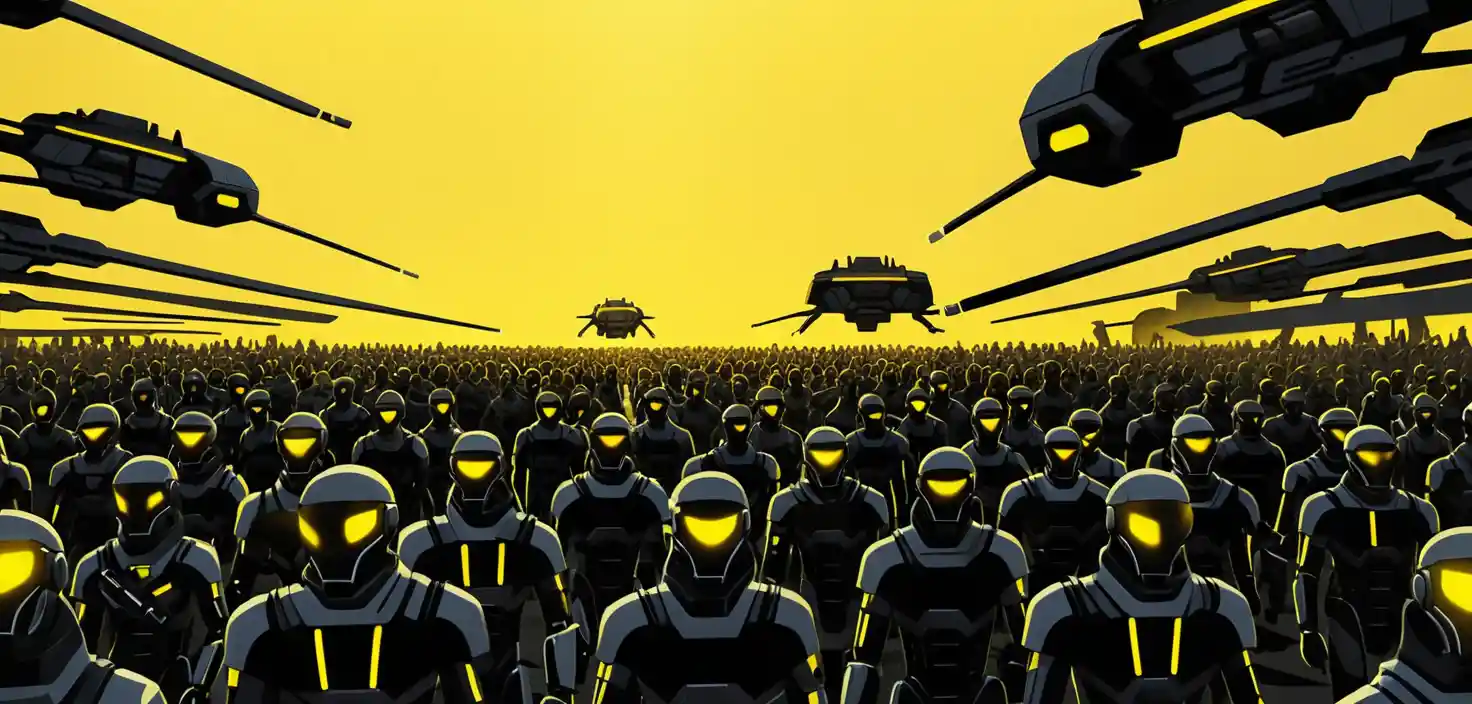 Vast sci fi army of android soldiers under yellow sky