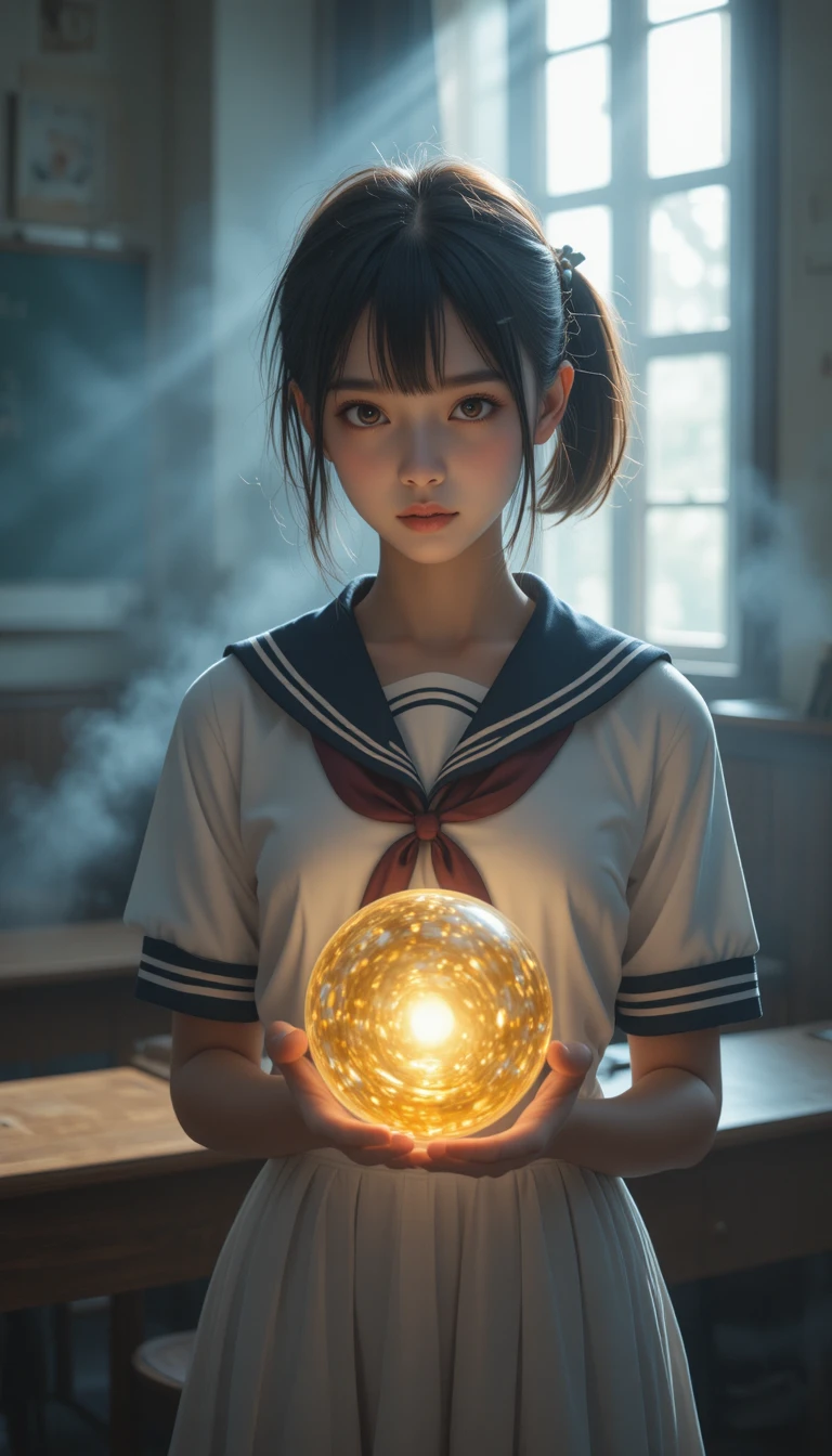 Schoolgirl with glowing sphere in an evening classroom