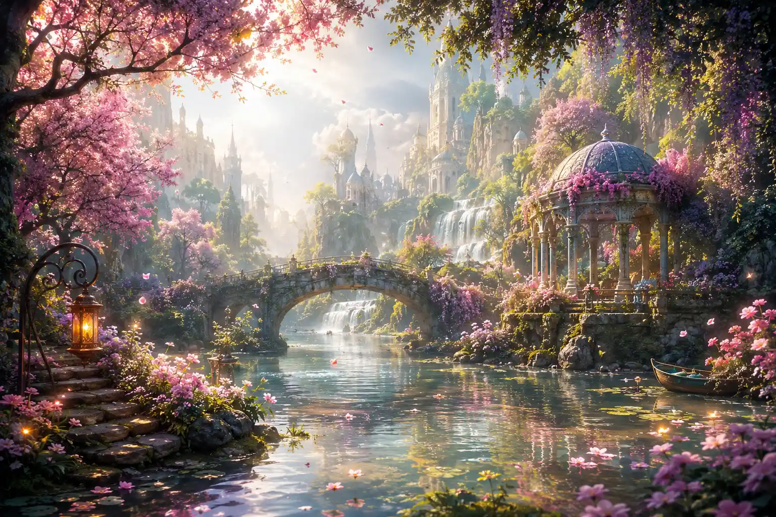 Hidden dreamlike garden by still and quiet water