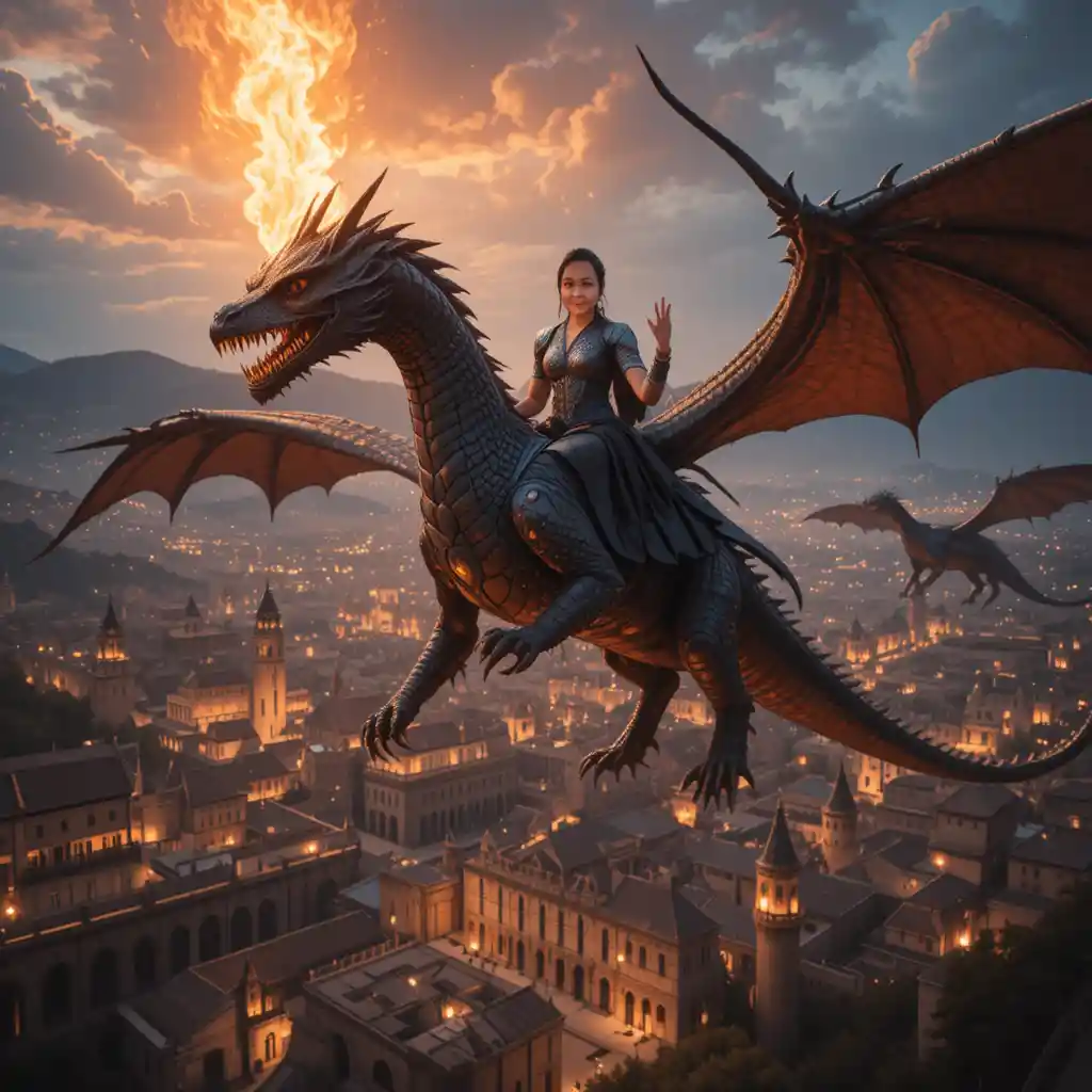 Fantasy queen riding a dragon above burning medieval city