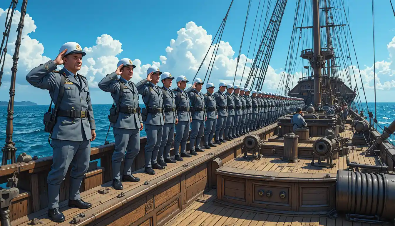 Navy crew on warship deck in bright sunny battle scene