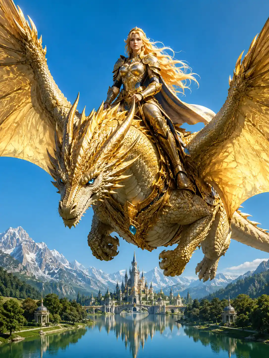 Golden haired warrior riding a dragon in clear blue sky