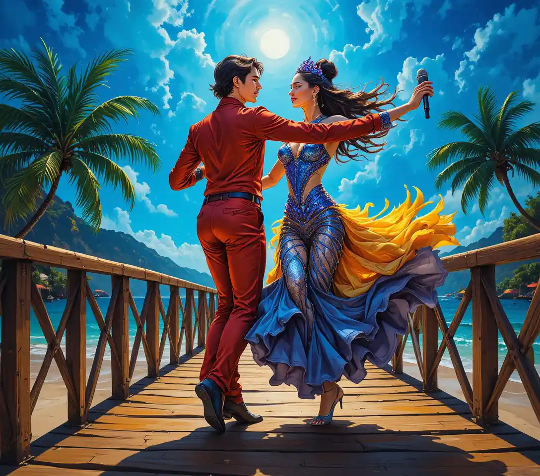 Charismatic performer in red suit on tropical wooden pier