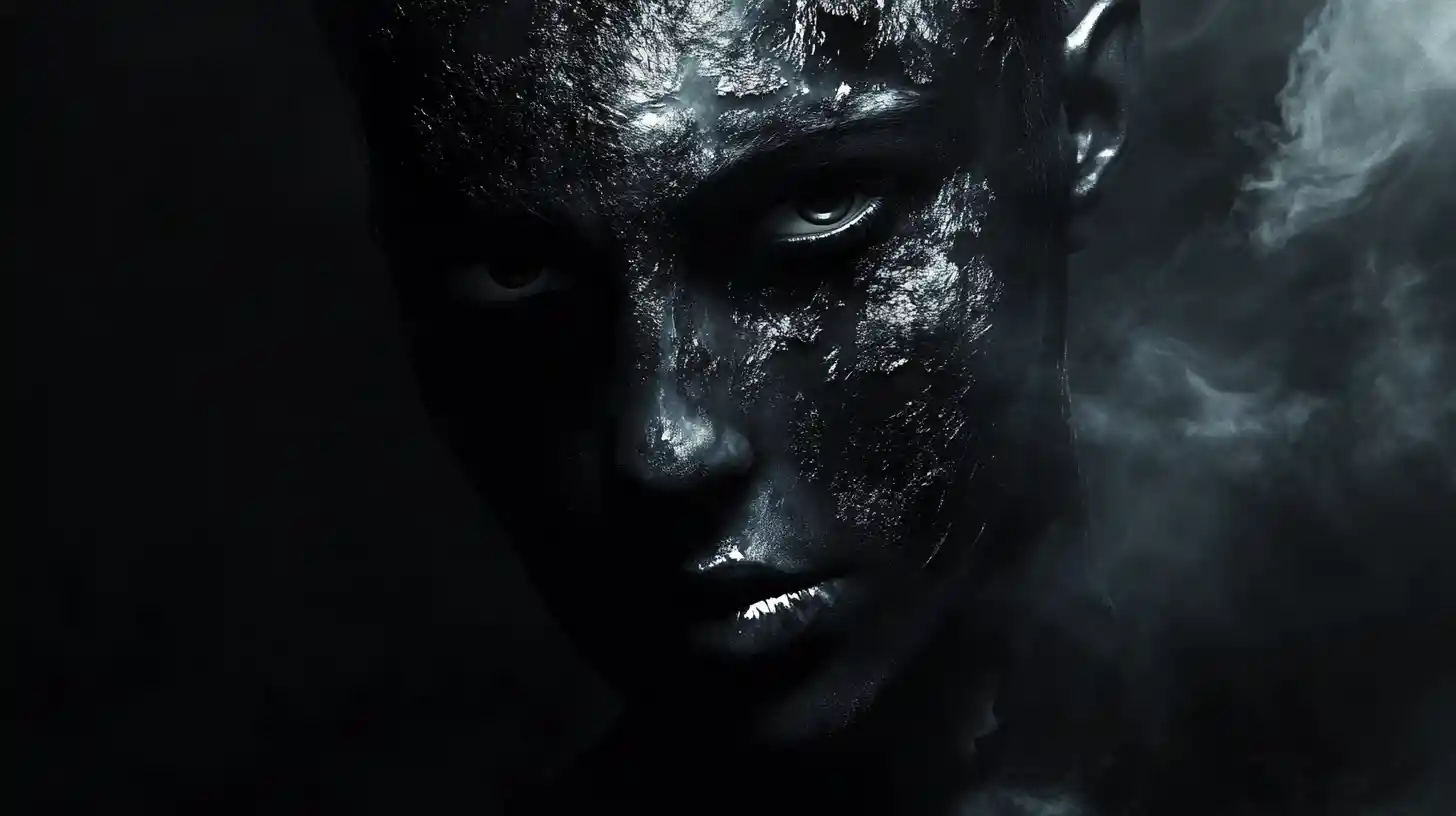 Haunting pale face emerging slowly from deep darkness