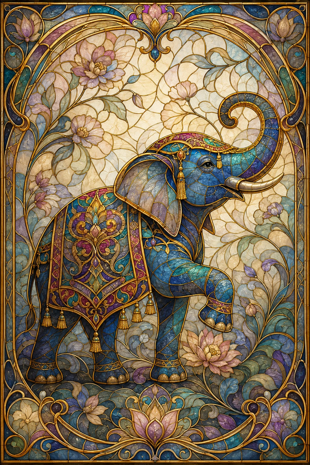 Stained glass elephant with ornate floral mosaic frame