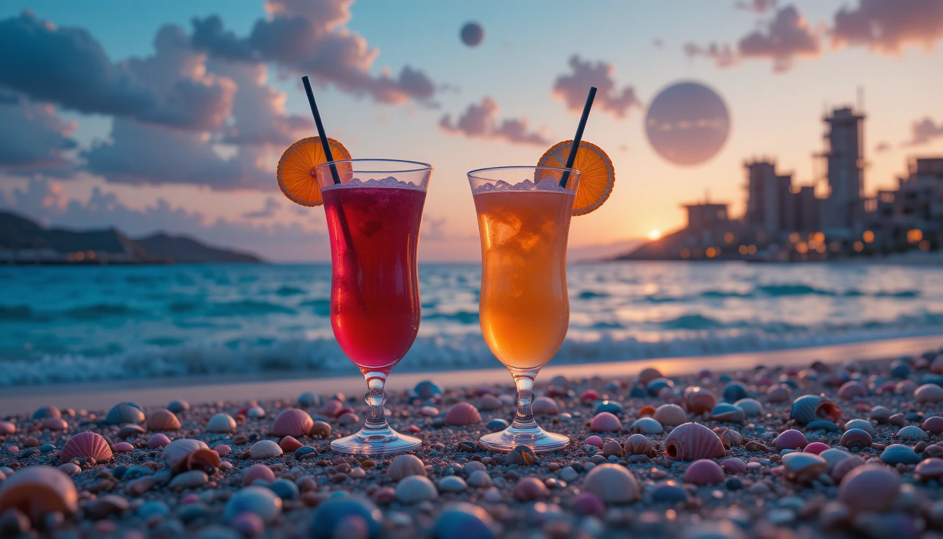 Two tropical cocktails on an alien beach at dusk