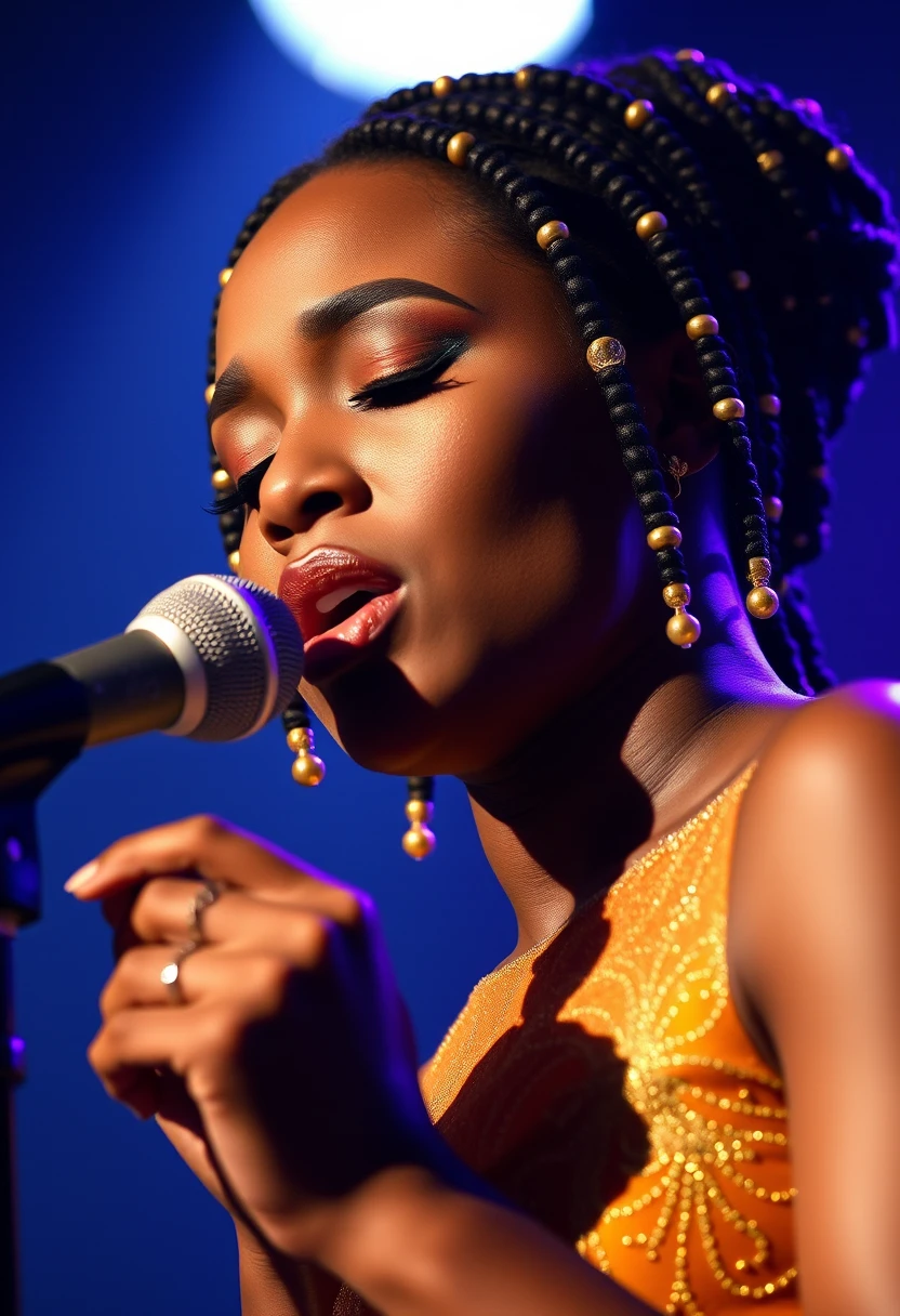 Gold clad singer performing passionately at the microphone