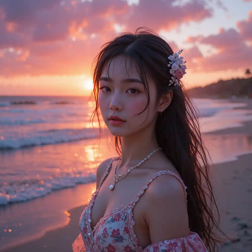 Japanese gravure idol at the beach at colorful sunrise