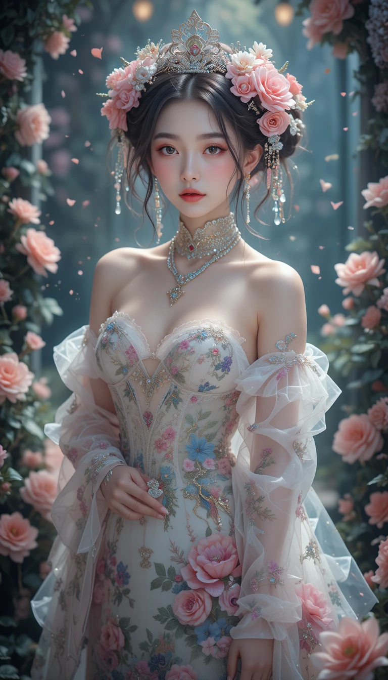ゴシックなファンタジーガーデンで魔法の花に囲まれた日本人女性