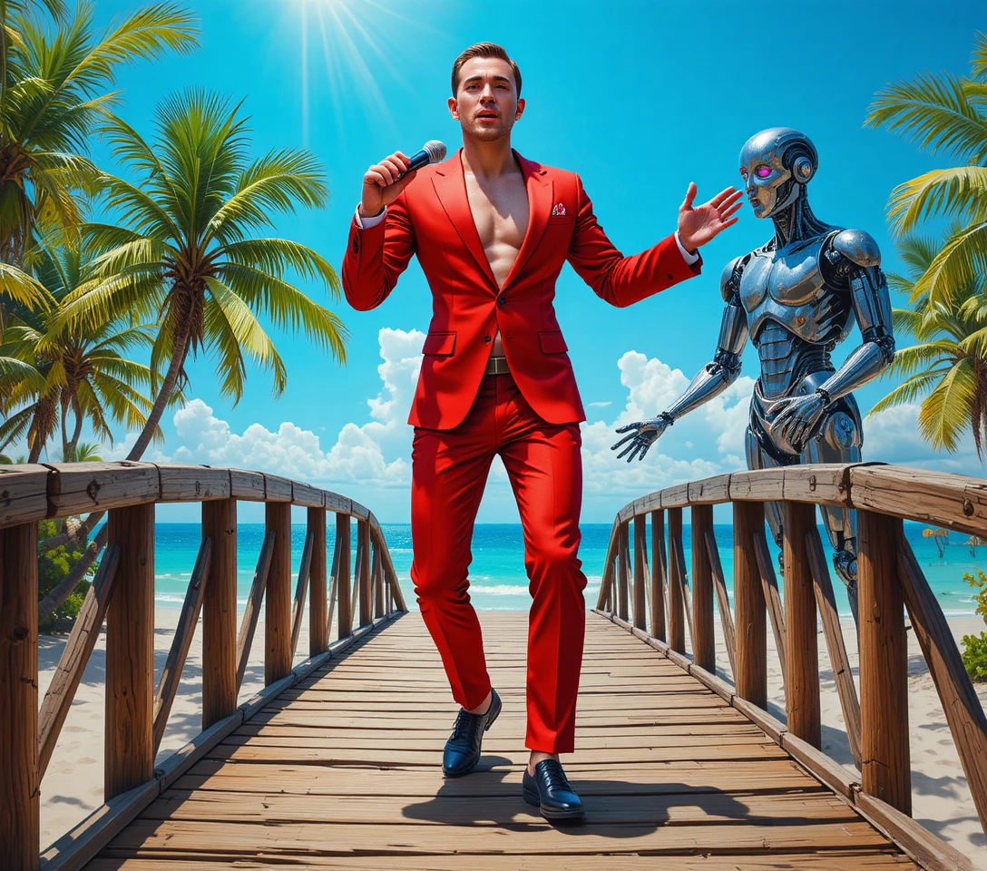 Charismatic performer in red suit on sunny tropical pier