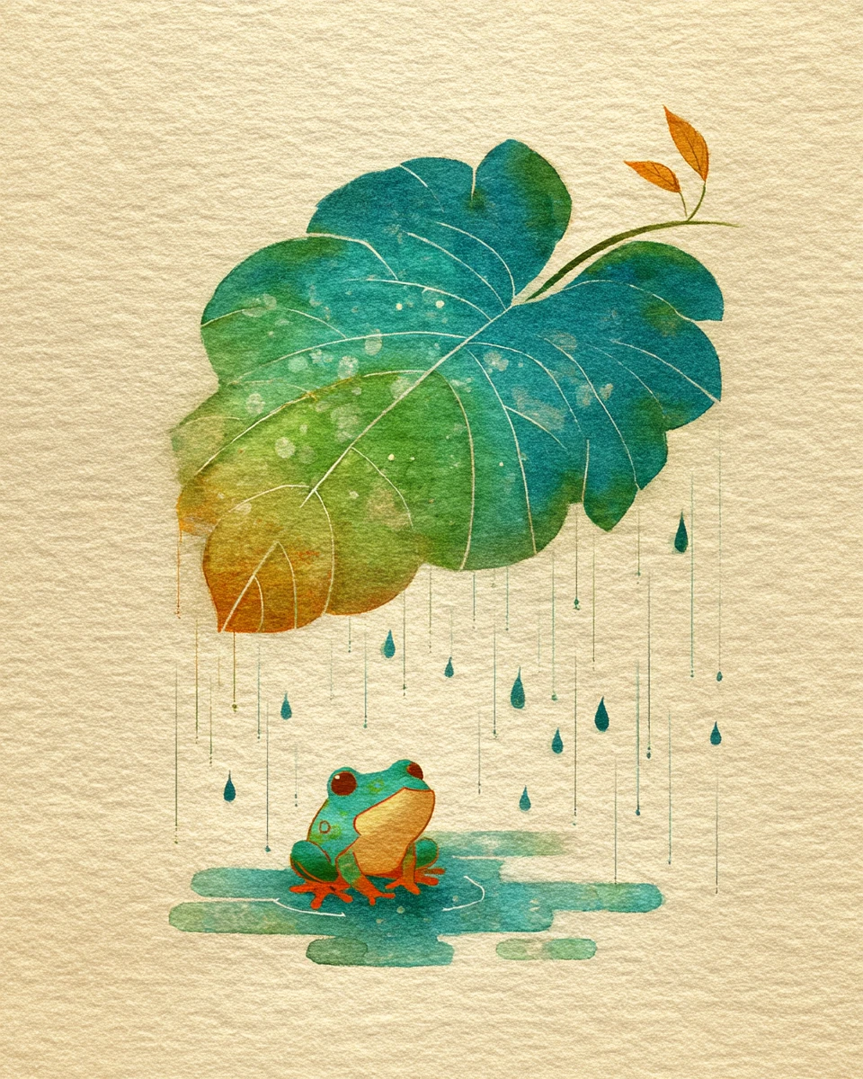雨の中で葉っぱの下に身を寄せる水彩のカエル