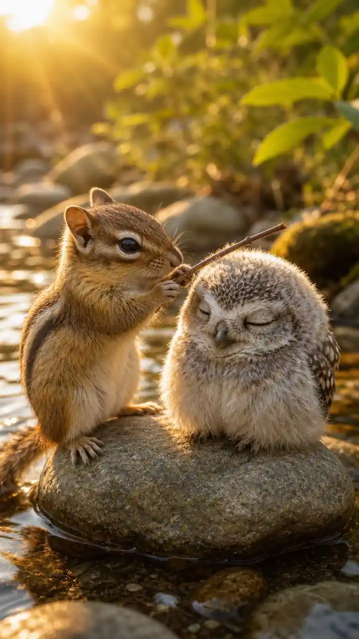 Chipmunk grooming a sleeping baby owl by a stream