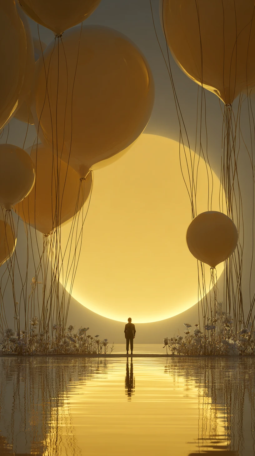 Majestic balloon sphere over a mirrored surreal landscape