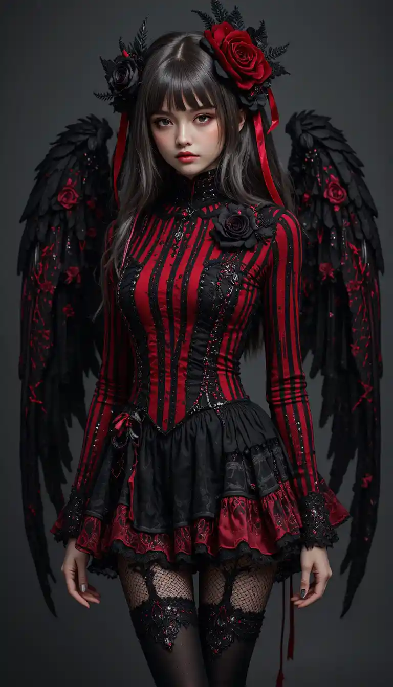 Gothic dark angel woman in ornate red and black outfit