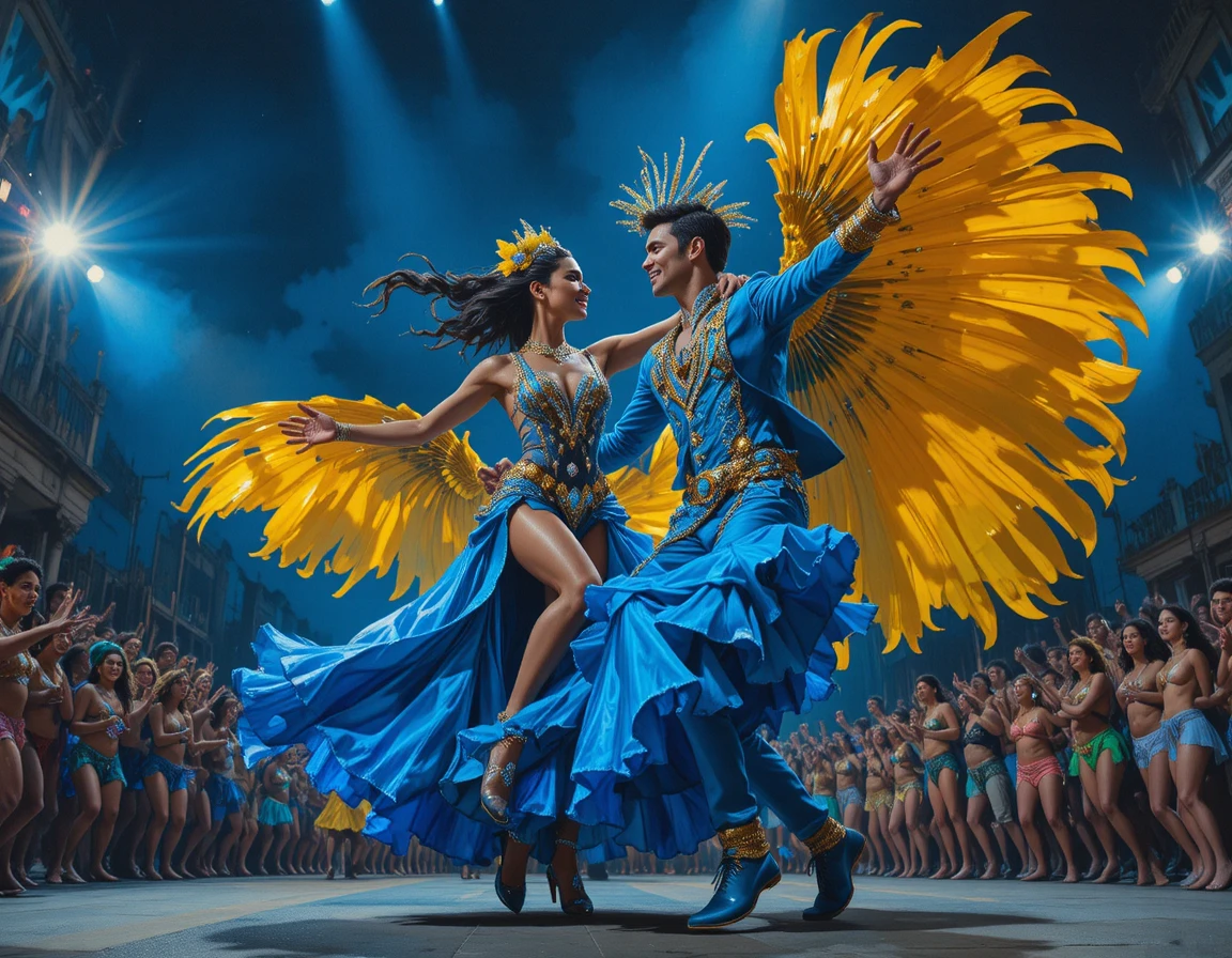 Samba dancers leading a vibrant Rio carnival parade at night