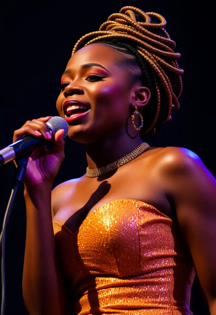 Black woman singing passionately into a studio microphone