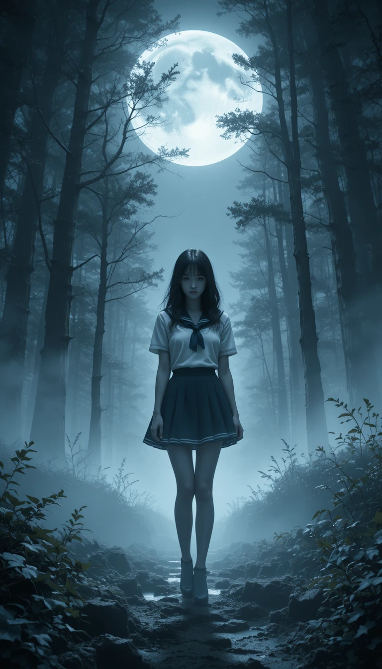 Moonlit schoolgirl standing alone in a misty forest