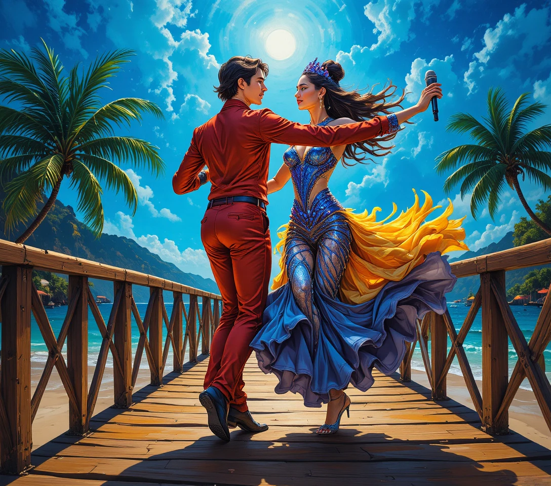 Charismatic performer in red suit on tropical wooden pier