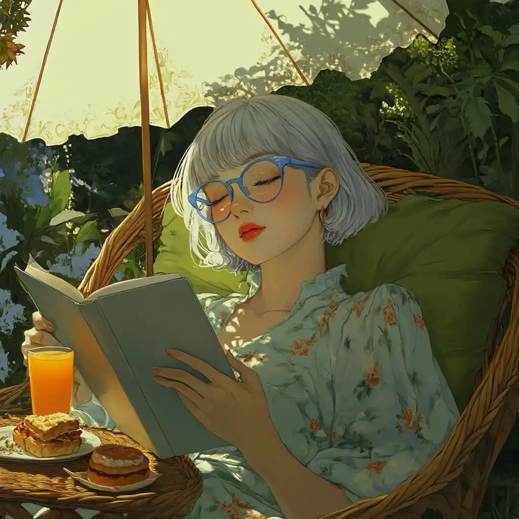 Woman reading on a garden chair under a parasol