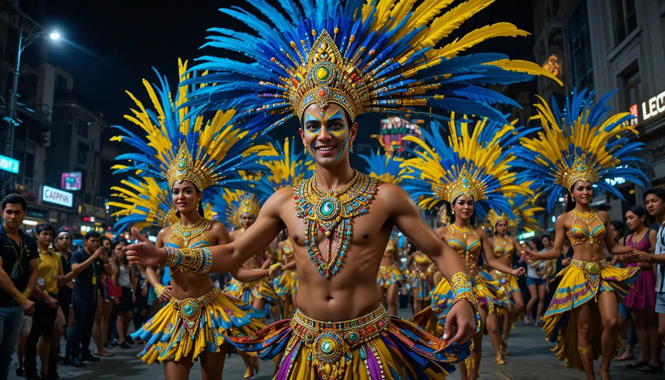 Carnival samba dancers in vibrant feathered costumes at night