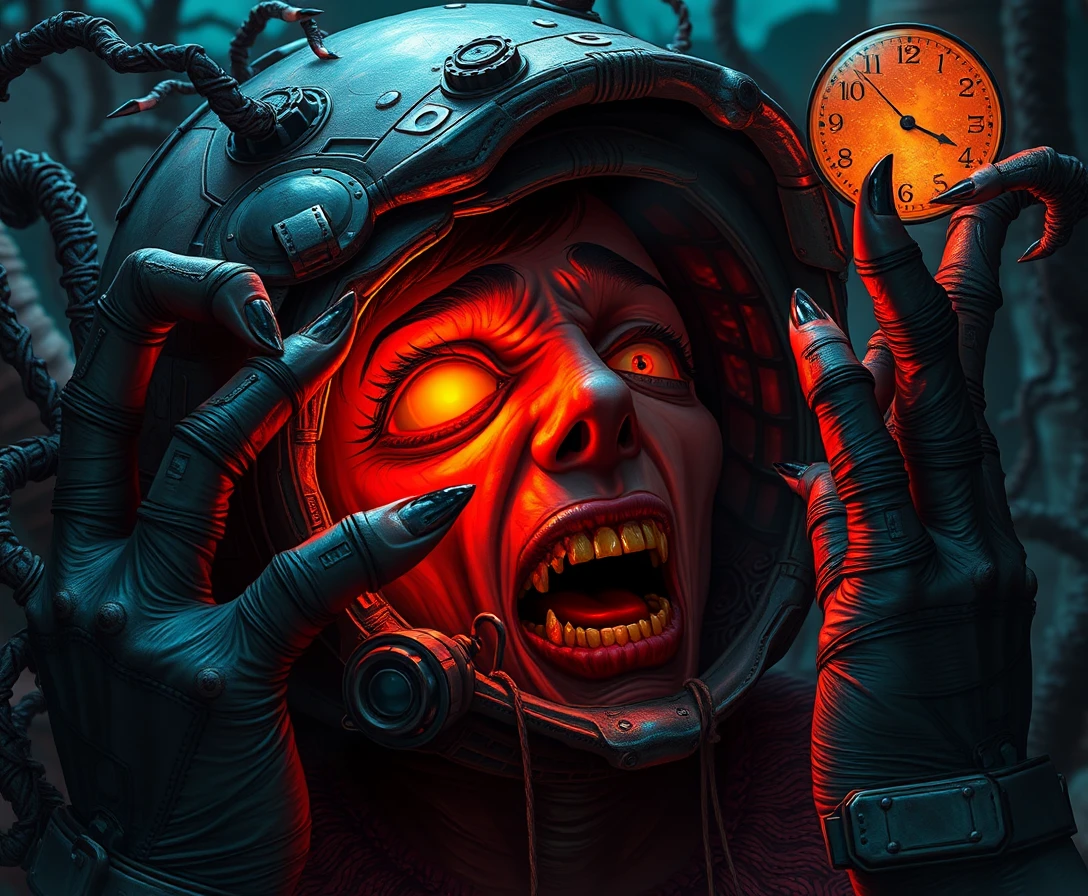 Surreal close up of expressive characters in dark comic scene