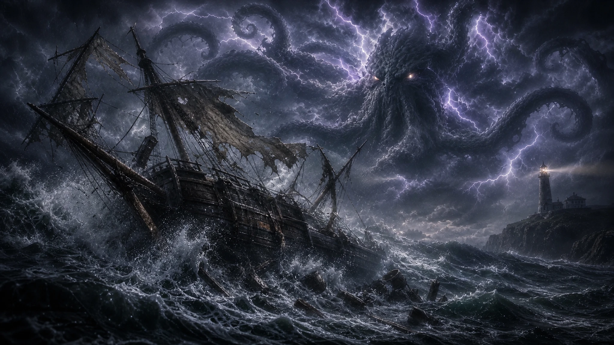 Stormy night sea with colossal lightning formed kraken