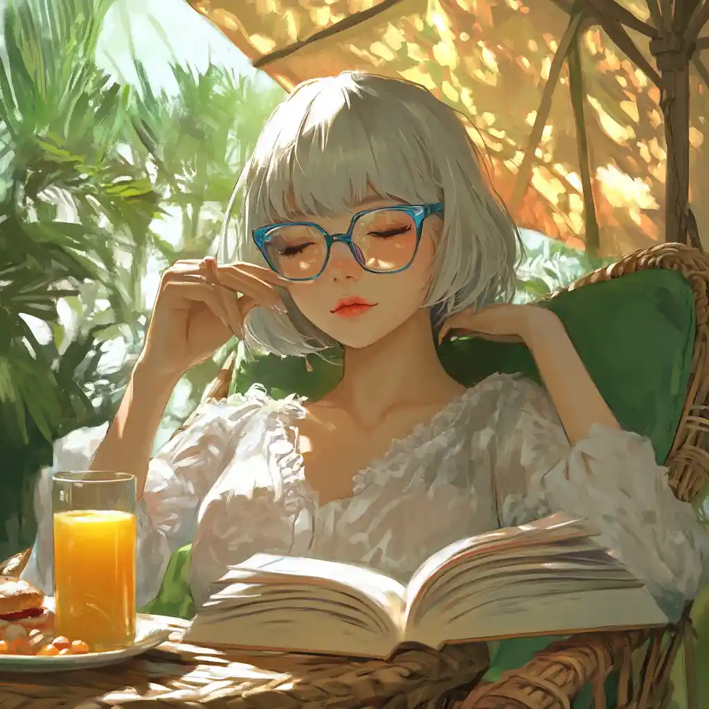 Woman Reading In A Garden Rattan Chair Under A Parasol