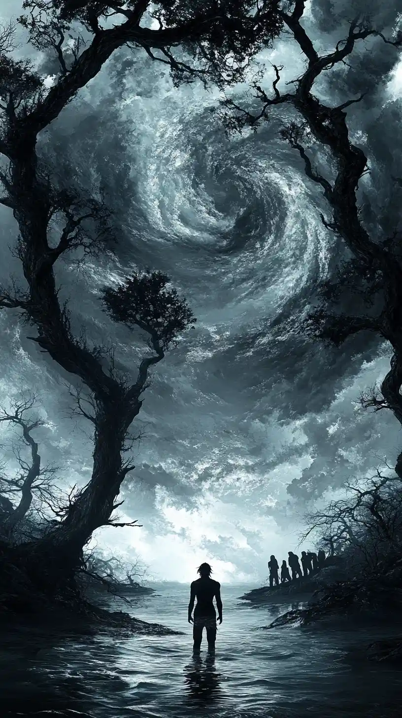 Brooding man by a stormy lake under twisted trees