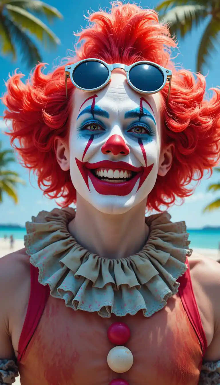 Playful clown close up on a sunny tropical beach
