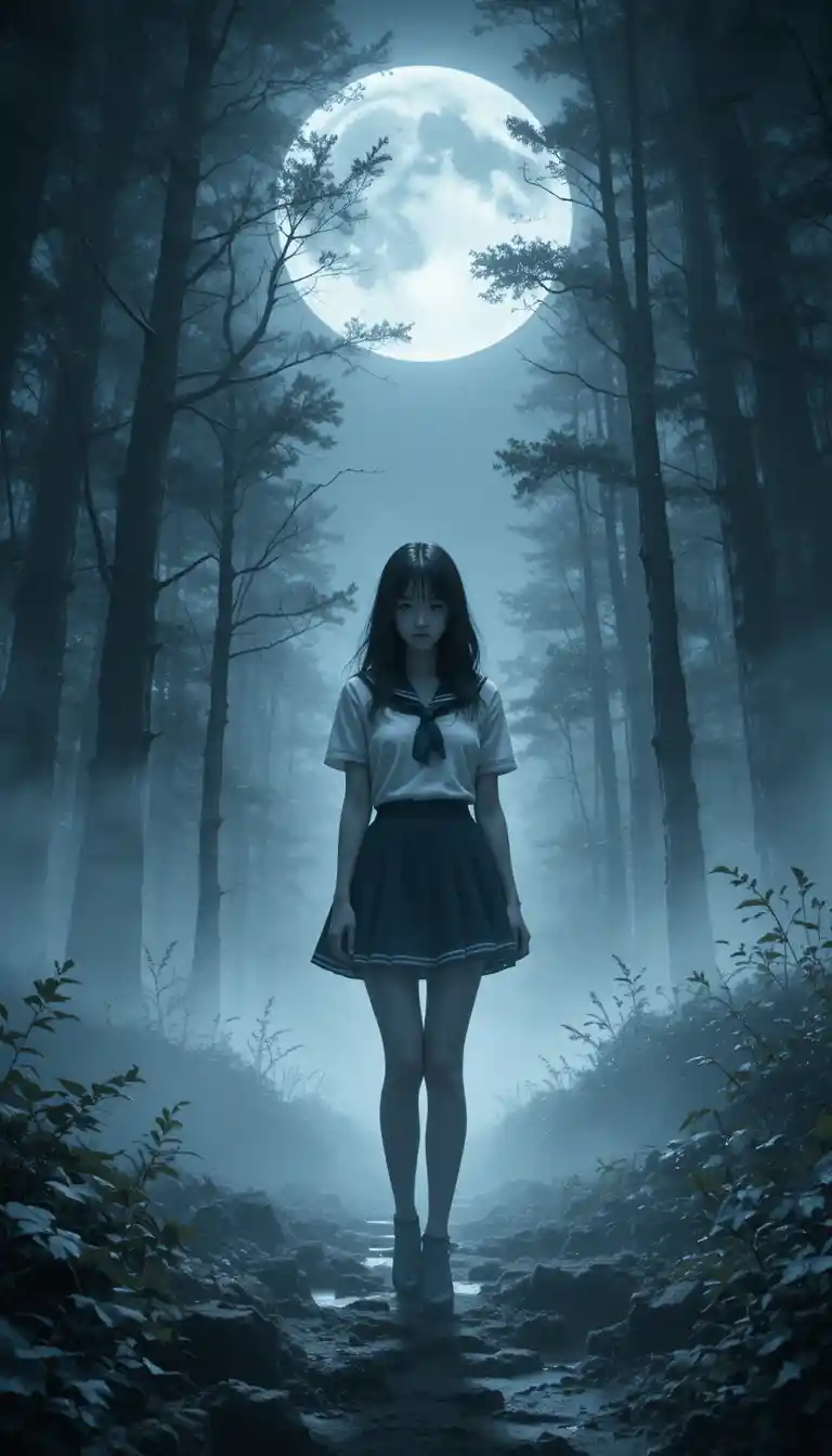 Moonlit schoolgirl standing alone in a misty forest