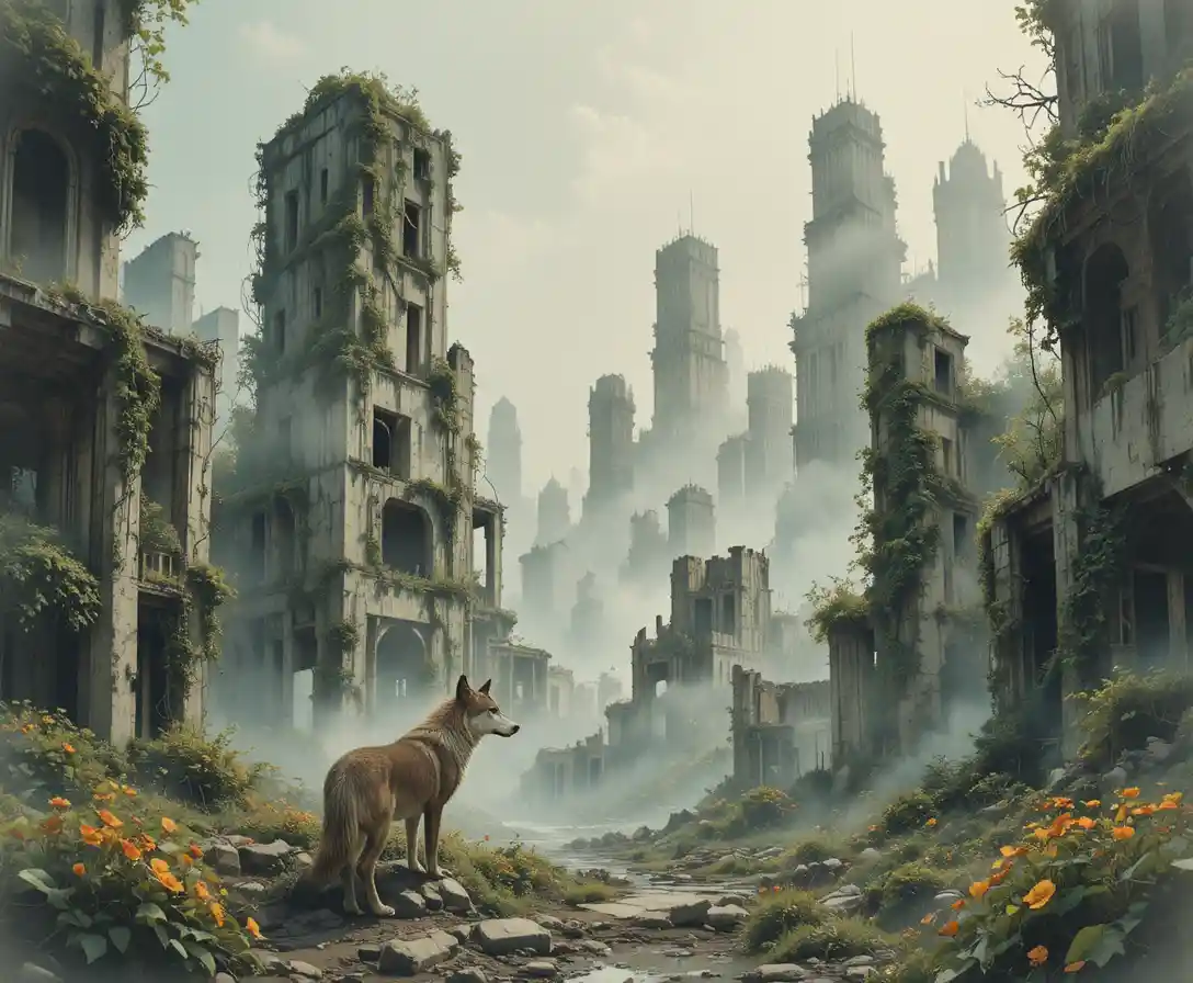 Lone wolf in an overgrown ruined city watercolor scene