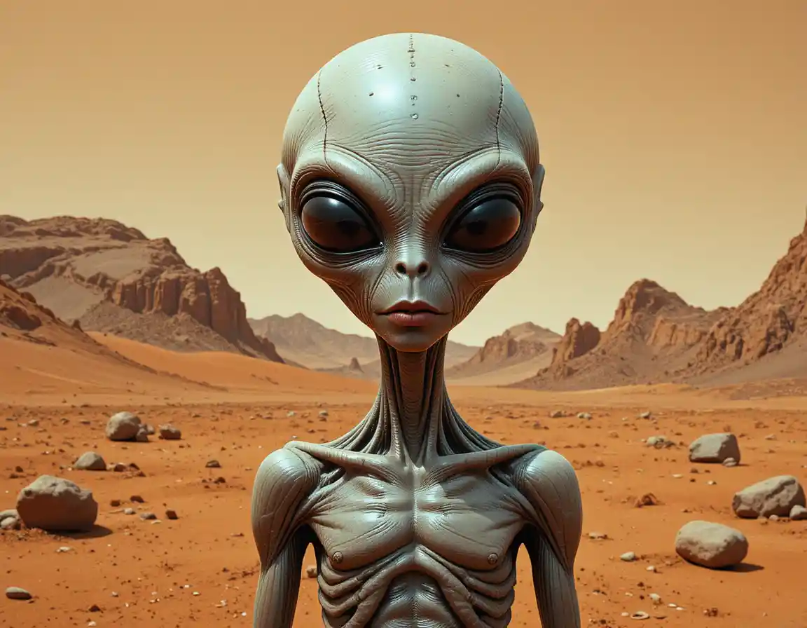 Grauer Alien, der in eine karge Marslandschaft starrt