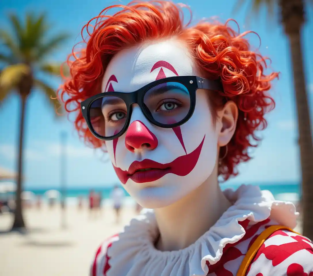 Close up portrait of a red haired clown at the beach