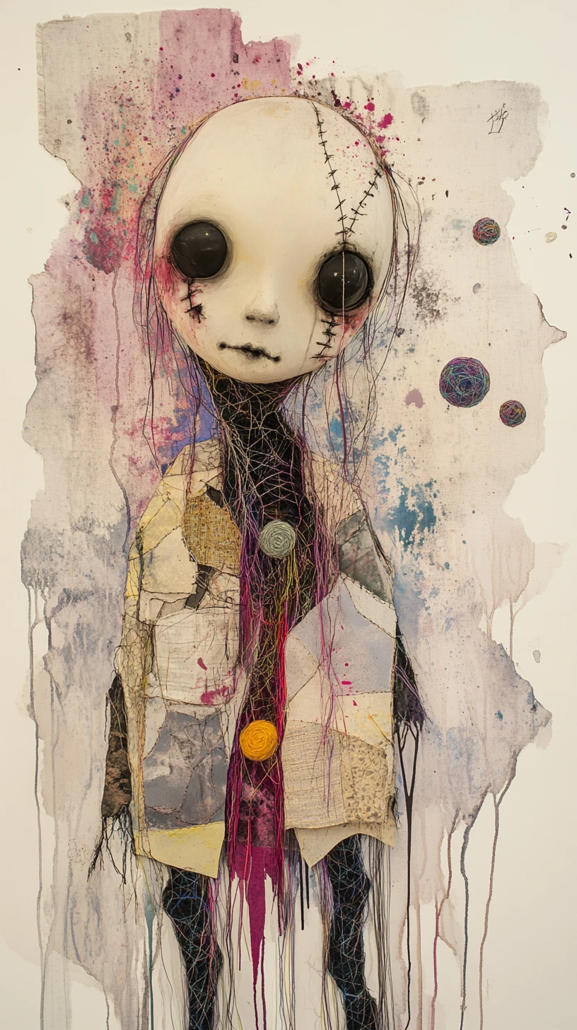 Surreal doll figure holding glowing orbs in mixed media