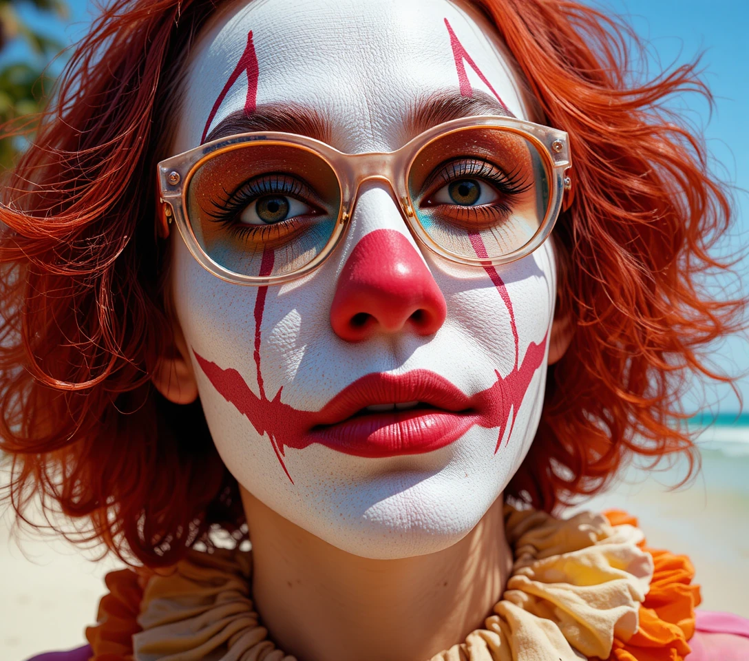 Colorful clown portrait with red hair on sunny beach