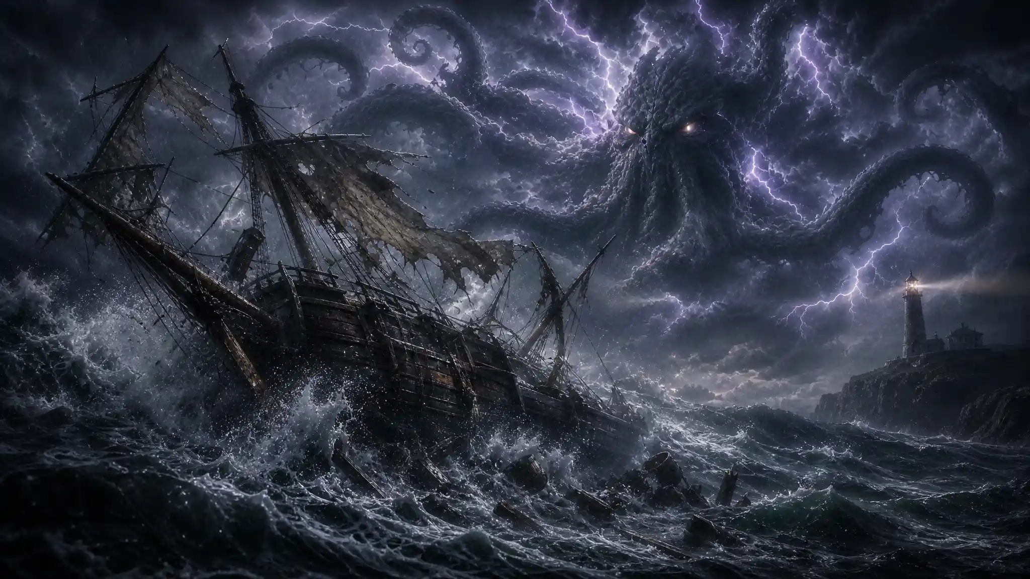 Stormy night sea with colossal lightning formed kraken