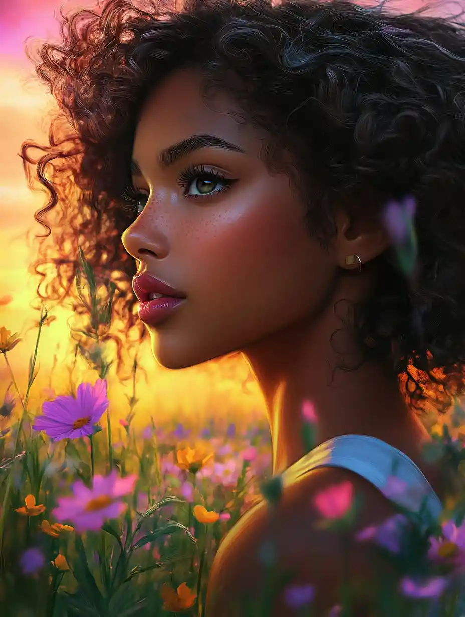 Girl in wildflower field at sunset in dreamy colors