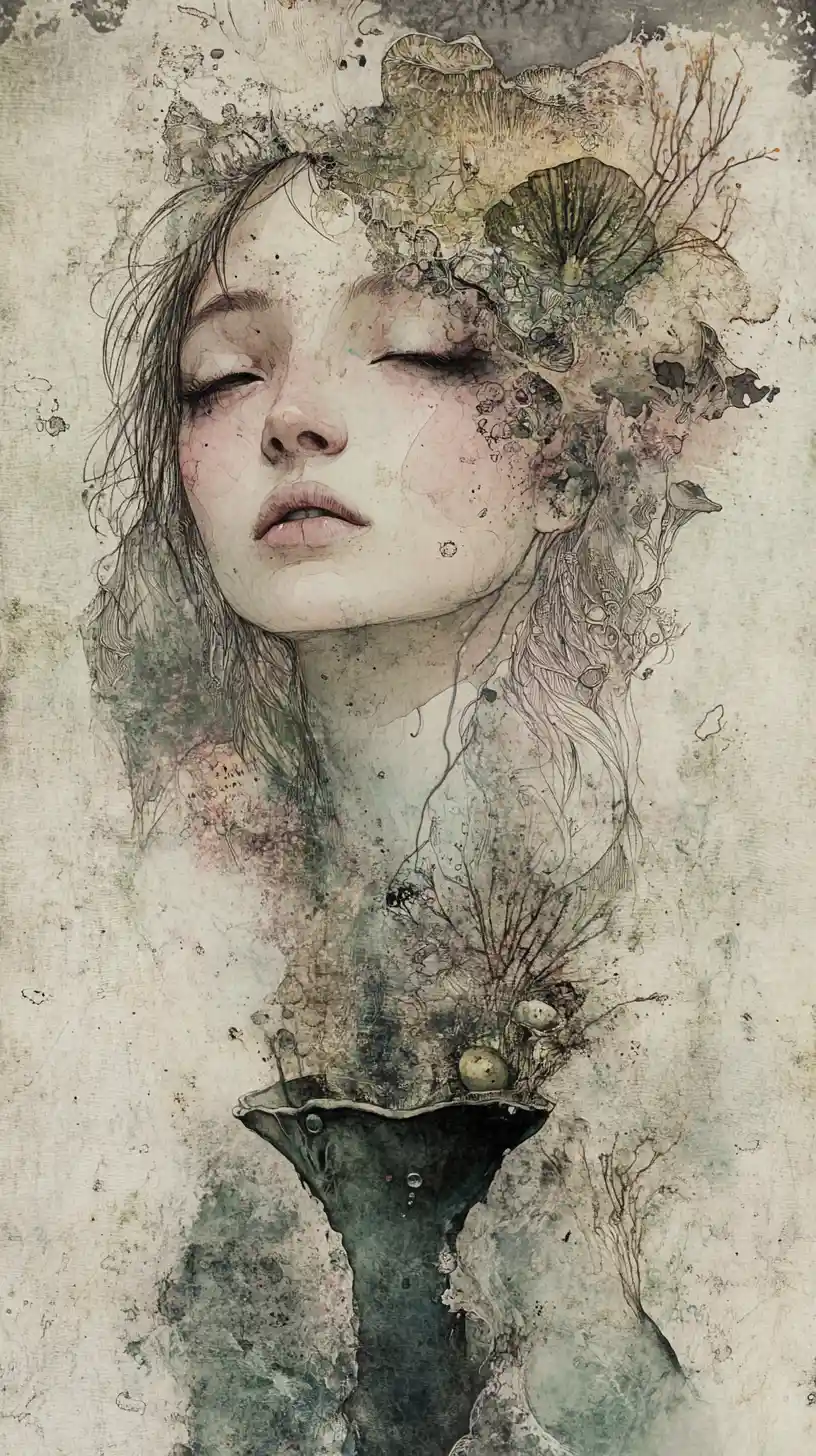 Melancholic girl dissolving into spores and glowing mist