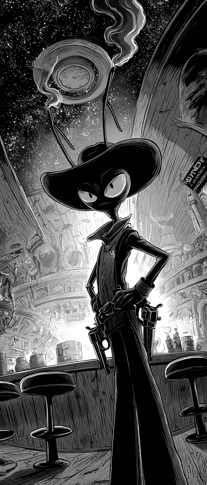 Sheriff vaquero alienígena en una escena de salón espacial flotante