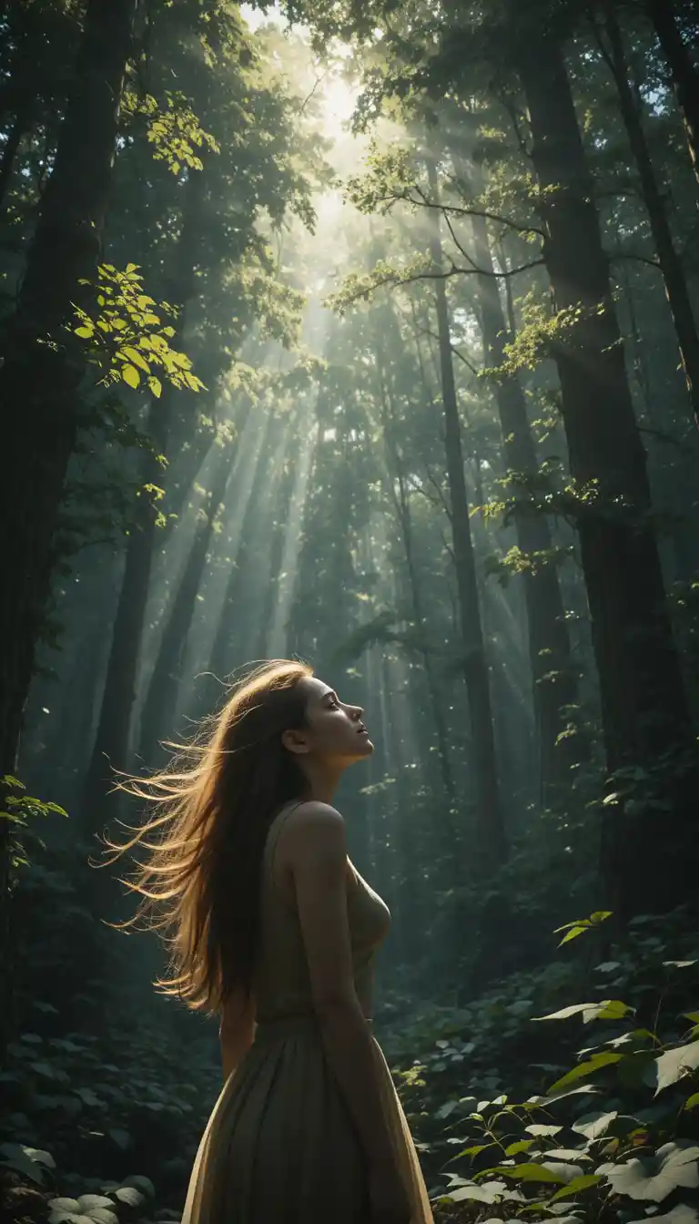 Girl gazing upward in dappled light of a deep forest