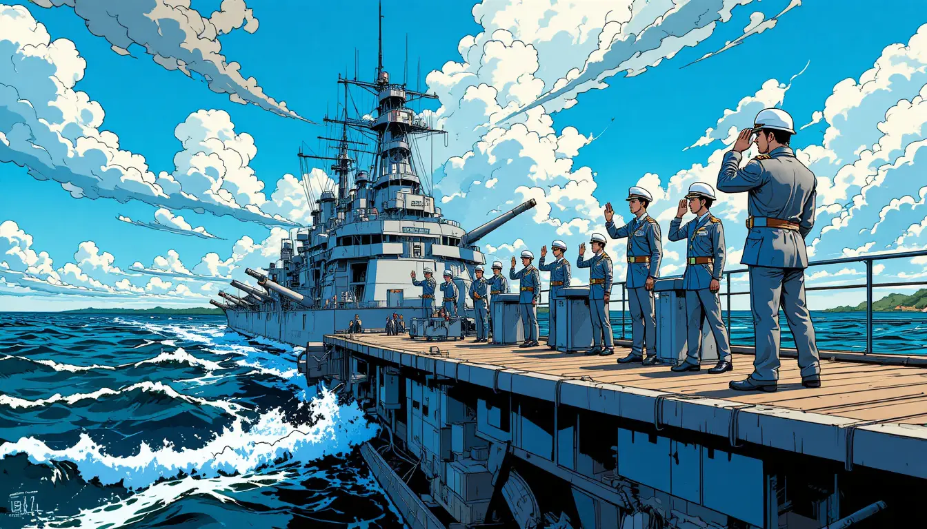 Cartoon warship with navy sailors on deck at sea