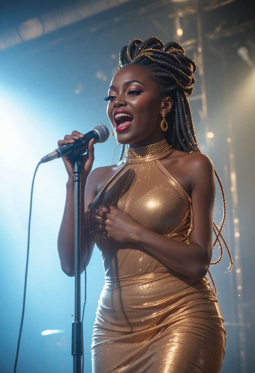 Black singer in gold dress performing at microphone