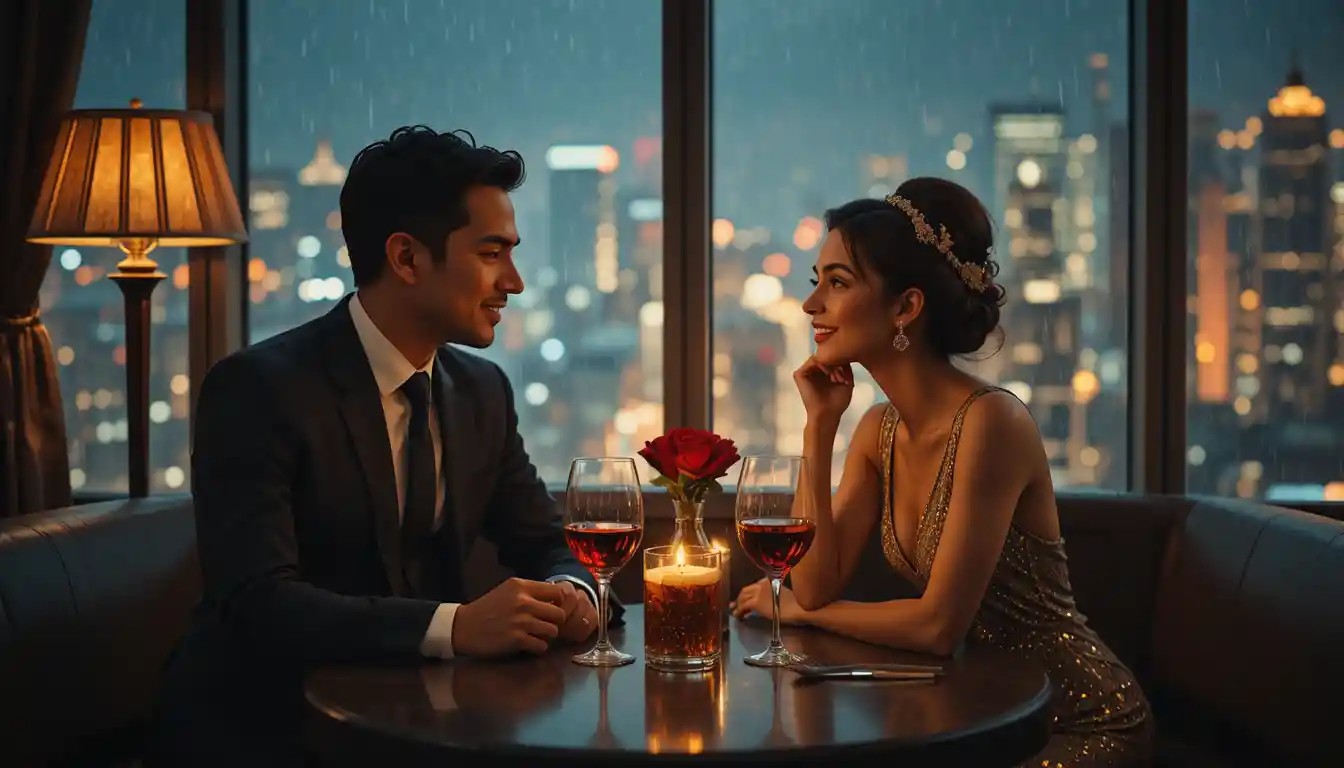 Romantic couple dining by candlelight in a rainy city