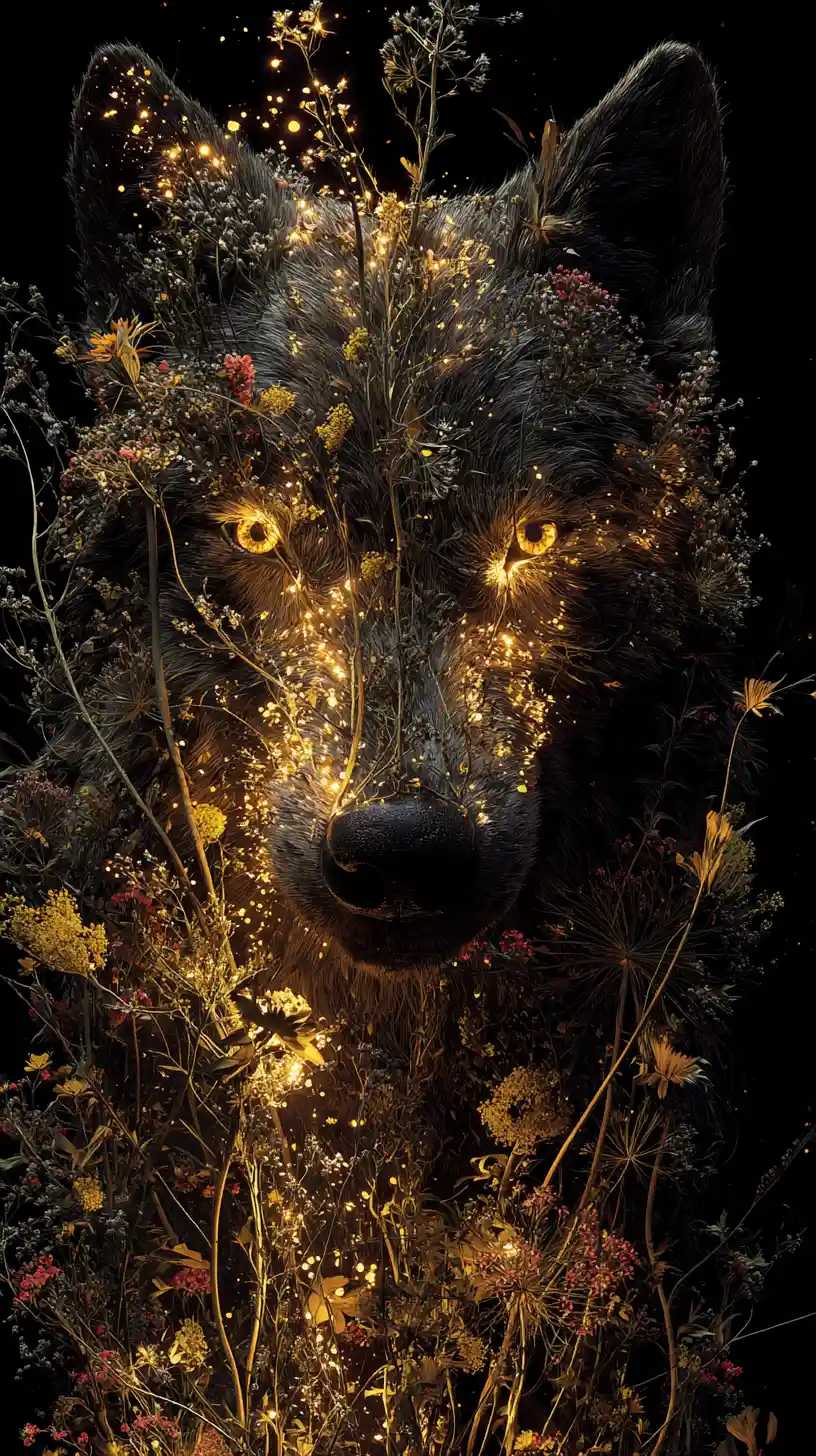 Mystical wolf head formed from glowing wildflowers and light