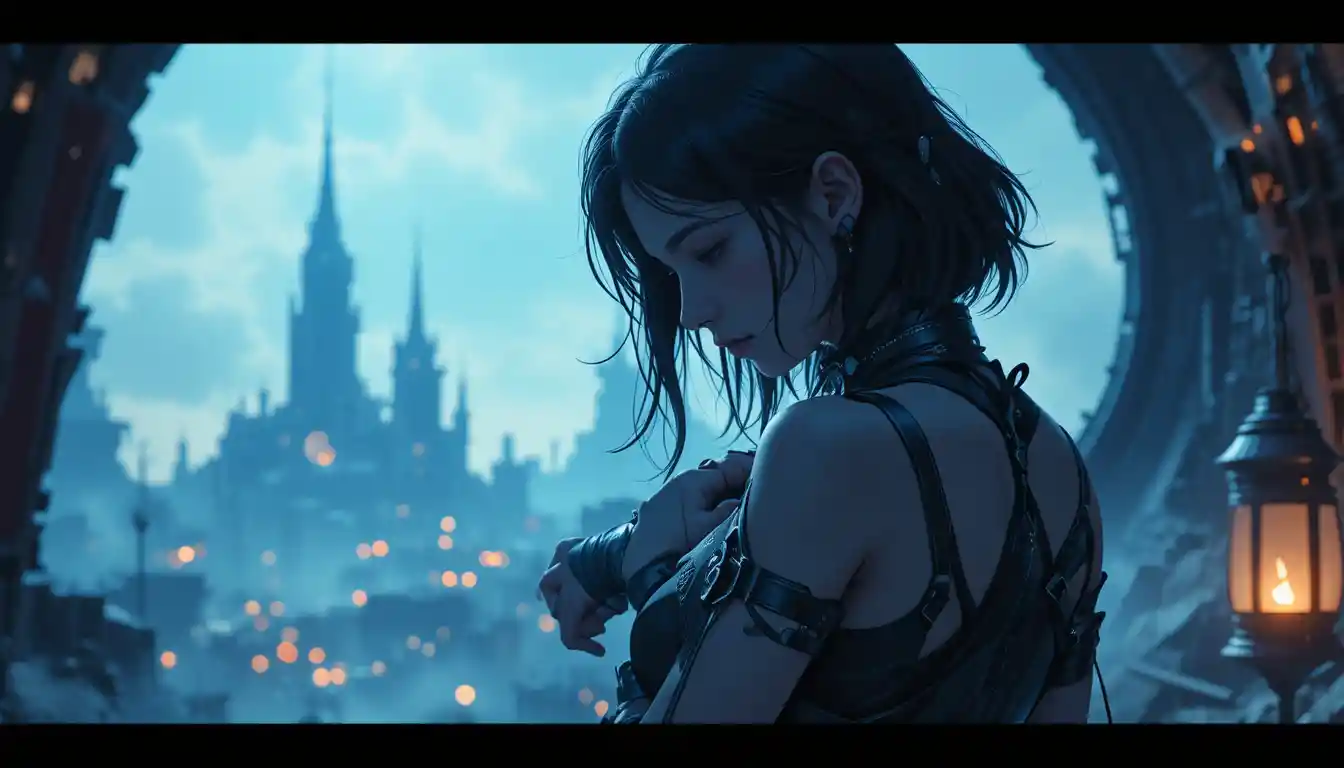 Teenage girl in a distant sci fi city haze