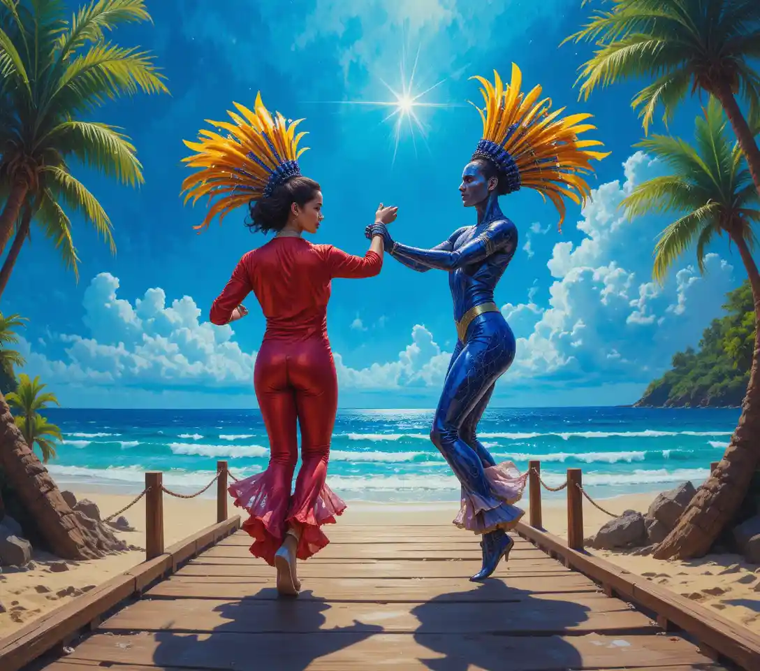 Man performing with robot on sunny tropical boardwalk