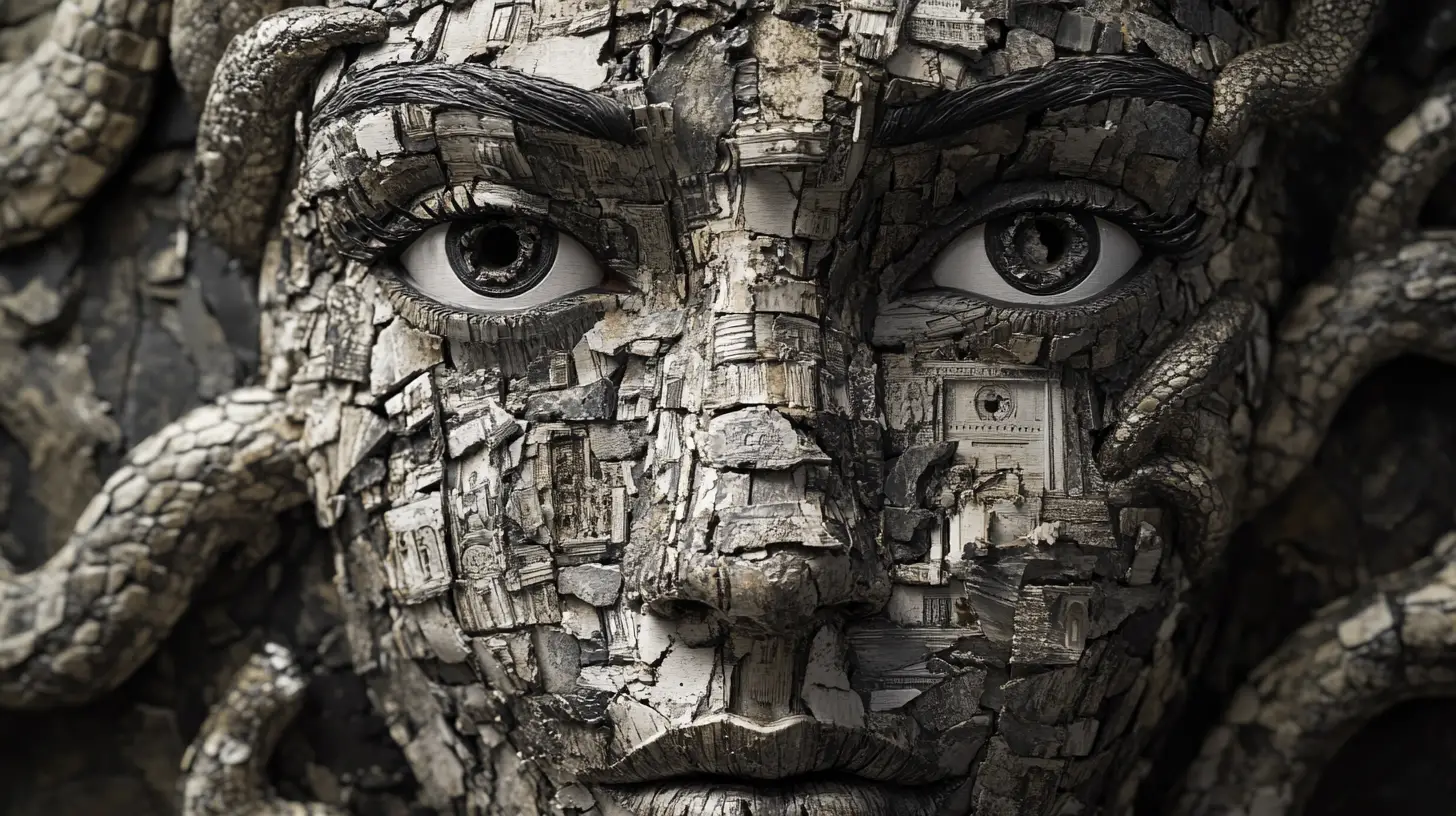 Fragmented surreal face assembled from symbolic imagery
